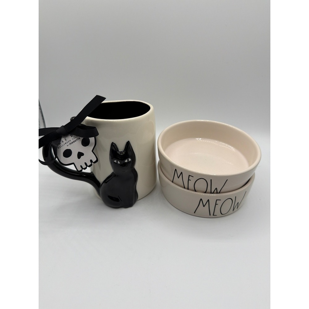 Rae Dunn Halloween Black Cat Mug with 2 MEOW Cat Bowls Ceramic Set